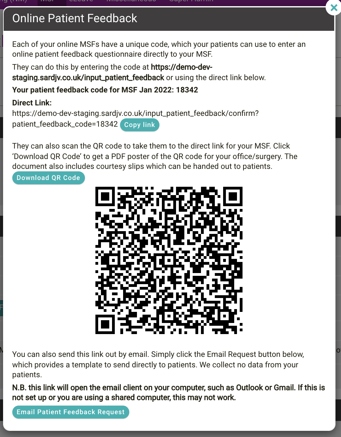 Online patient feedback QR code