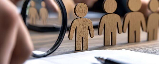 Magnify glass with wooden people and pen and paper.