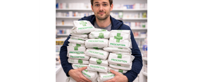 Man holding several prescriptions in pharmacy