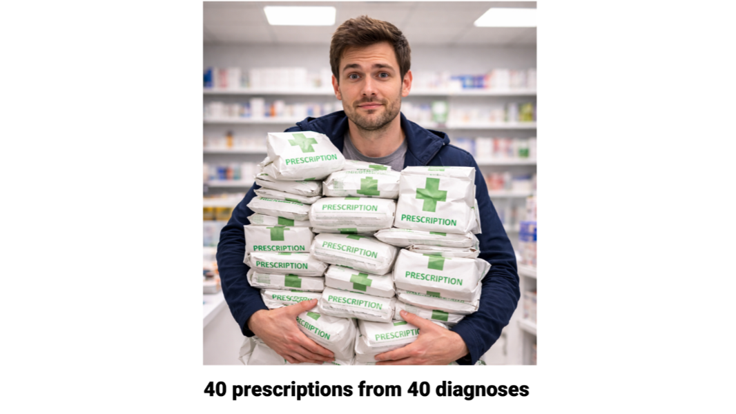 Man holding several prescriptions in pharmacy
